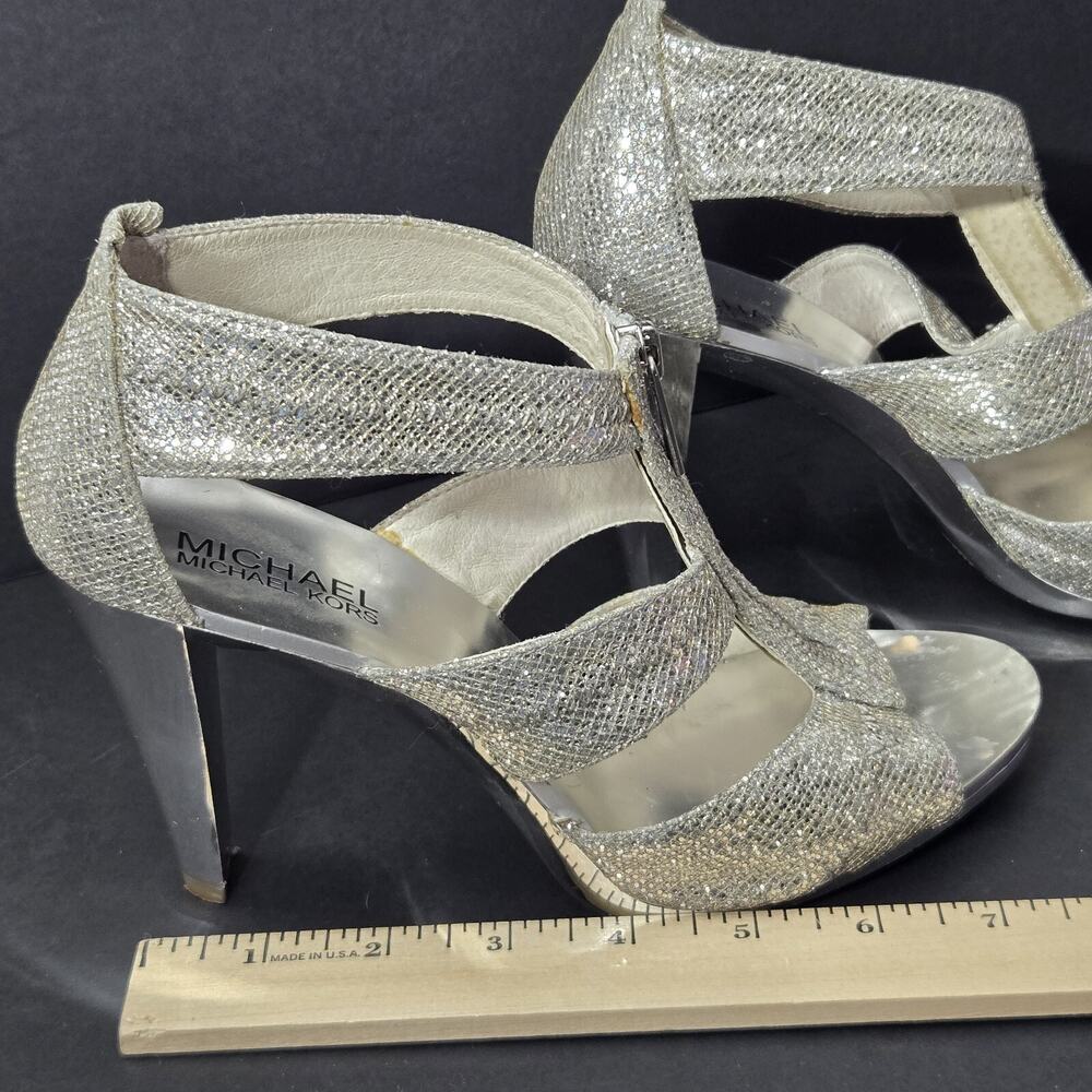 Michael Kors Women's Berkley Size 7.5 High Heel Silver Glitter Zip Sandal Shoes - Picture 14 of 16